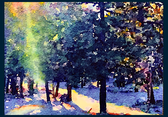 Painting of multiple trees with dark green leaves with lighter green vertical section in between trees off to the side