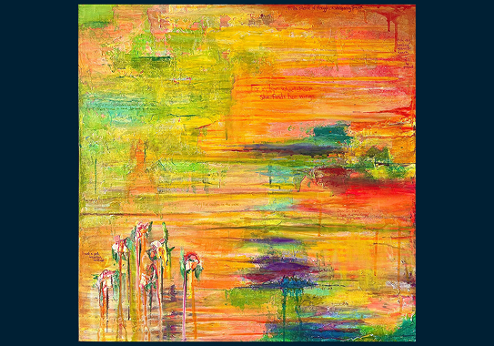 A mix of horizontal brushstrokes in red, orange, green, yellow, and dark purple, with paint dripping vertically down the canvas off to the side