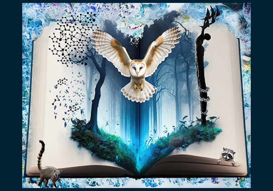 An open book with trees coming out of the pages and a white owl in flight in the center. A racoon is in each lower corner of the book