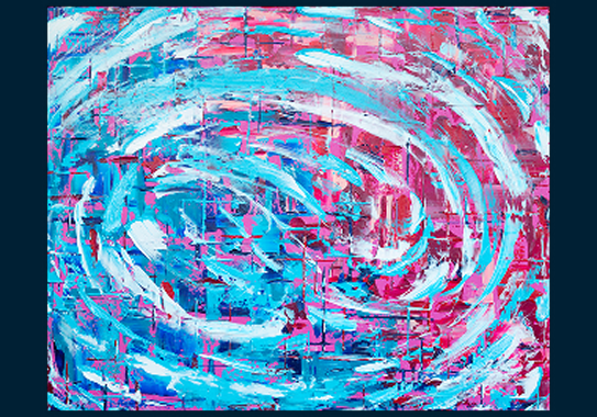 Swirls of white, red, and light blue paint, mixing together to create secondary colors of pink, purple, and dark blue