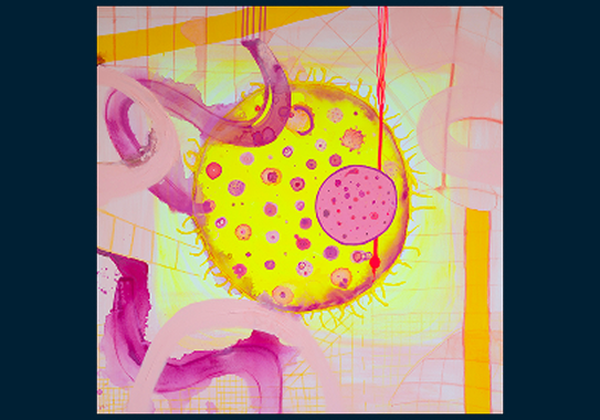 A small pink circle with dark pink and purple blots, on top of a larger yellow circle with orange, and pink dots; in the background is yellow, light pink, and dark pink