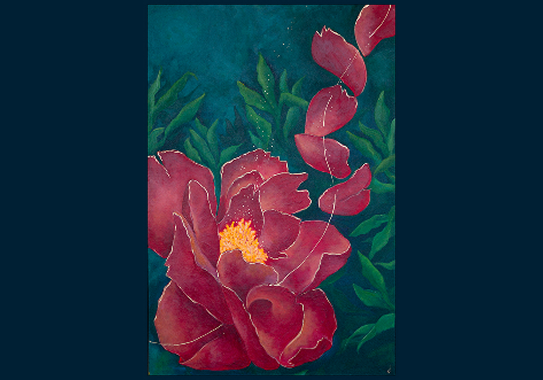 Large red flower with an orange center, painted on a dark green canvas of leaves