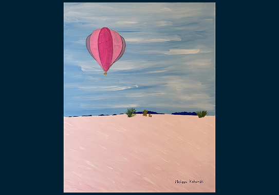 Shades of sky blue and white clouds with a dark pink, light pink, and purple hot air balloon in the sky
